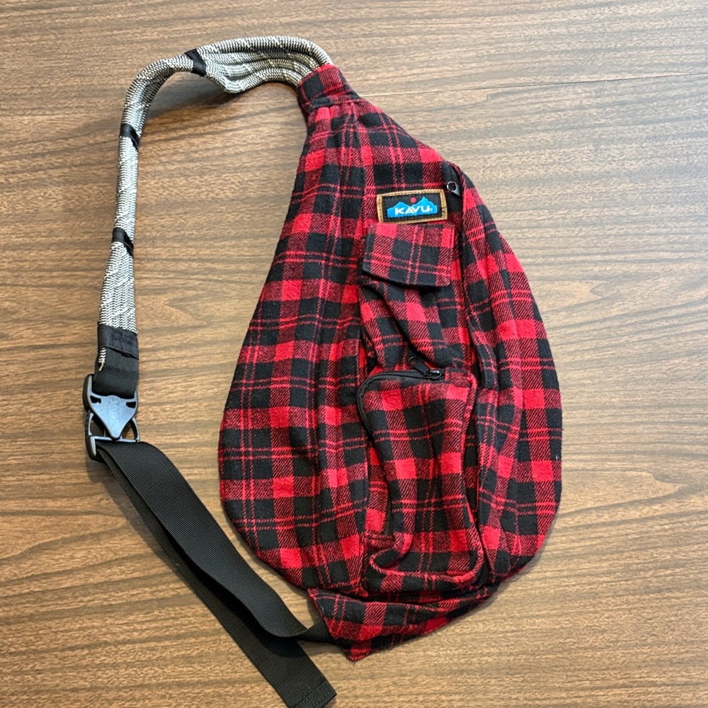 KAVU Red Black Plaid Rope Bag Americana Sling Backpack Crossbody